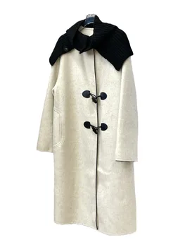 Твидовый пиджак с шарфом, длинный свободный крой, дизайн пряжки из коровьего рога, теплый и уютный, новинка зимы 2023 года 1117