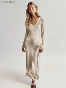 Однотонное Элегантное Женское трикотажное платье Миди в рубчик, модные платья на шнуровке с V-образным вырезом и длинным рукавом, осенний женский шикарный уличный халат 2023 г.