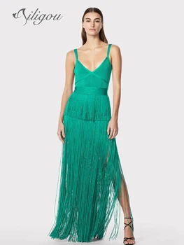 Ailigou 2023 Новое Летнее женское сексуальное зеленое платье без рукавов с V-образным вырезом и длинными кисточками, облегающее бандажное платье с длинными рукавами, Элегантное вечернее платье знаменитостей