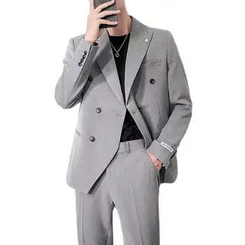 Мужские костюмы и блейзеры 2023 (Куртка + брюки) Слегка Приталенный Двубортный Повседневный Свободный костюм в Корейском стиле, Однотонный
