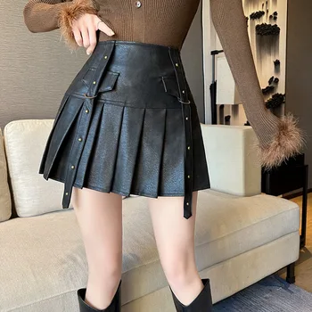 Винтажная мини-юбка Spice Girl из искусственной кожи, женская осенне-зимняя короткая юбка в Гонконгском стиле с высокой талией, сексуальная миниатюрная юбка-карандаш трапециевидной формы