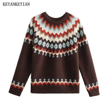 KEYANKETIAN, Осень/Зима, Новый женский жаккардовый свитер с геометрическим рисунком в национальном стиле, пуловер, мягкий свободный вязаный топ на подкладке,