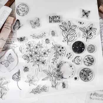 Винтажное растение с номером бабочки Силиконовые Винтажные прозрачные штампы для открыток Альбом для вырезок Ретро Прозрачный штамп Резиновый штамп