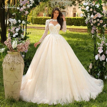 Alonlivn Элегантные кружевные женские свадебные платья трапециевидной формы, расшитые бисером аппликации, длинные рукава, высокий воротник, шлейф, свадебные платья со шлейфом