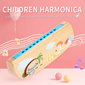 Разноцветная деревянная губная гармошка Bee на 10 отверстий с милой мультяшной картинкой, Музыкальный инструмент, игрушки для раннего развития для детей
