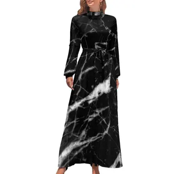 Черное белое платье с хрустящим мрамором, натуральный мрамор, эстетические платья в богемном стиле, женское элегантное длинное платье Макси с длинным рукавом и высокой талией