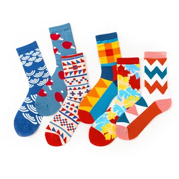 Новые модные женские хлопковые носки Happy с принтом, полосатые геометрические носки для скейтборда, модные весенне-зимние носки для экипажа Harajuku