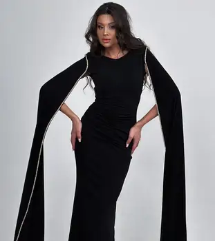 Благородное черное платье для выпускного вечера с V-образным вырезом и рукавами-шалью длиной до щиколоток, Вечернее Летнее элегантное вечернее платье для Женщин2023