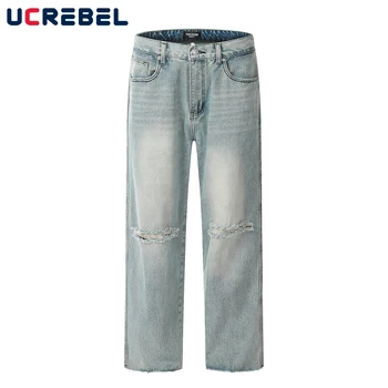 Выстиранные светло-голубые потертые джинсовые брюки, мужская осенняя уличная одежда, Ретро Свободные Рваные брюки с прямыми штанинами, мужские