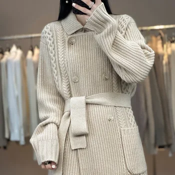 Женская одежда 2023 года, осенне-зимний шерстяной вязаный кардиган средней длины, женский свитер, пальто свободного кроя в корейском стиле