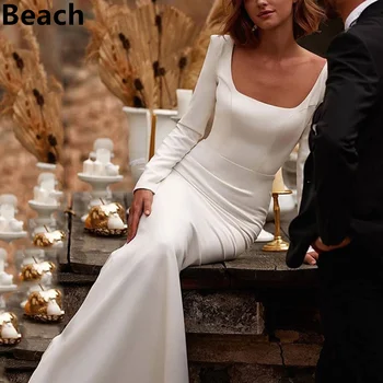 Пляжное Атласное свадебное платье Русалки с квадратным вырезом и открытой спиной, Винтажные Элегантные Женские платья Невесты, Свадебное платье из тюля Vestido De Novia