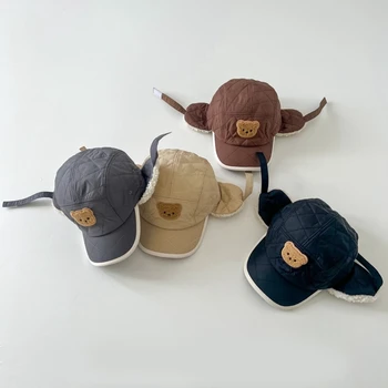 Детская шапка с мультяшным мишкой от 2 до 7 лет, зимние теплые шапочки-бини, Регулируемая шапка Lei Feng, защита ушей, капор для мальчиков и девочек