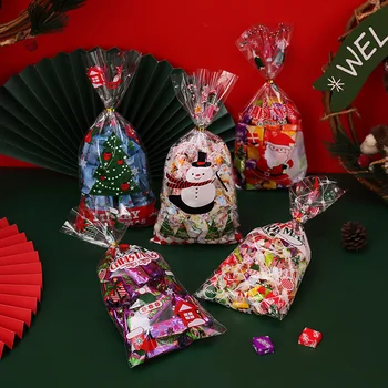50шт Рождественские целлофановые пакеты для угощений с крутящимися завязками Мешок конфет Санта Клауса Рождественские подарочные пакеты для упаковки лакомств Принадлежности для вечеринок