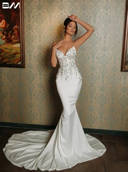 Винтажные вечерние платья с V-образным вырезом, расшитое кристаллами свадебное платье в пол, расшитое бисером, Современные платья для невесты в виде трубы, Vestidos De Novia