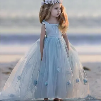 Платья с цветочным узором для девочек, кружевные аппликации для свадебной вечеринки, платья принцессы из тюля с открытыми плечами, платья для первого причастия для девочек