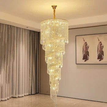роскошная лестничная люстра, освещающая золотой домашний декор, хрустальная лампа, спиральный дизайн, прихожая, вестибюль, длинный подвесной светильник