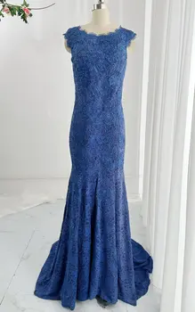 Синяя Модная Элегантная Кружевная Кайма Без Рукавов Для Банкета С Тонкой Юбкой-Русалочкой, Длинное Вечернее Платье M2135