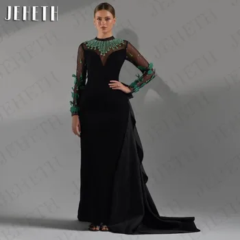 Роскошное Вечернее Платье JEHETH Black Dubai С Длинным Рукавом И Изумрудно-Зеленым Хрустальным Пером Русалка Арабские Женские Платья Для Официальных Мероприятий