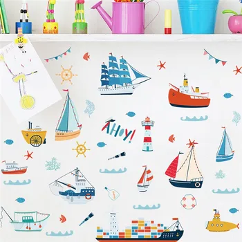 Мультяшные лодки с рисунком корабля, наклейки на стену для детской спальни, Украшения ванной комнаты, Океанские настенные росписи, Наклейки для дома DIY, плакат из ПВХ