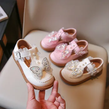Кожаная обувь для девочек в стиле принцессы Лолиты с бантом из страз, весна-осень, детские нескользящие модельные туфли на мягкой подошве, детская обувь для прогулок
