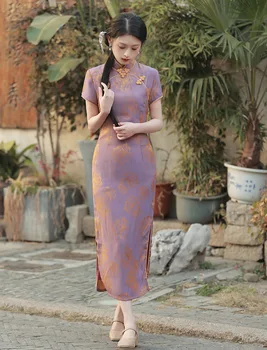 Платье Ципао с фиолетовым цветочным принтом в традиционном китайском стиле для женщин, приталенное, винтажное, с пуговицами