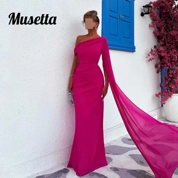 Musetta Ярко-розовое шифоновое длинное платье для выпускного вечера, женские вечерние платья трапециевидной формы с диагональным воротником, сшитые на заказ, Vestidos De Noche