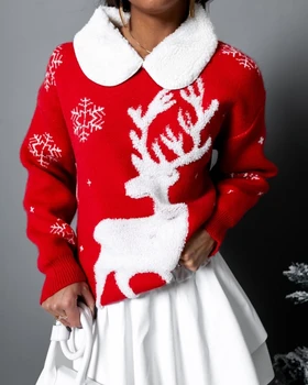 В наличии Новый Популярный женский вязаный свитер с цветным блокирующим рисунком в виде Рождественского оленя и снежинок.