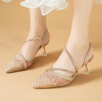 Модная женская обувь 2023 года, женские туфли-лодочки на одной педали, осеннее платье с острым носком, блестками, дышащая сетка, туфли на шпильке или тонком каблуке