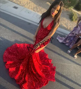 Красные длинные платья выпускного вечера в стиле русалки 2023, вечерние платья в африканском стиле для черных девушек без рукавов с блестками.