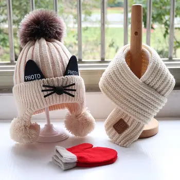 Осенне-зимний комплект детской шапочки и шарфа, детская утолщенная вязаная шерстяная шапочка вокруг нагрудника, перчатки с милым котом