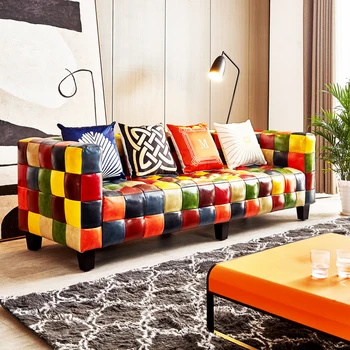 Креативный диван, кожаный диван с цветной мозаикой от интернет-знаменитостей, комплект для гостиной, одноместный двухместный диван, кожаный диван для маленькой квартиры