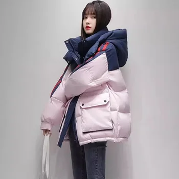 Короткий пуховик контрастного цвета, женский Маленький, Новинка 2023, Модный Зимний пуховик в корейском стиле с капюшоном и большим карманом, Пара пальто