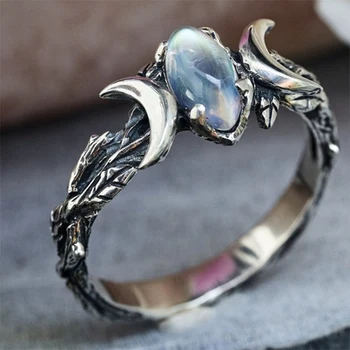 Винтажные кольца с имитацией лунного камня для женщин, Бохо Ретро, Серебряное кольцо