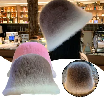 2023 Женская осенне-зимняя шапка в форме бассейна градиентного цвета с кроличьими волосами, согревающая панама, Теплая Рыбацкая шляпа Женская