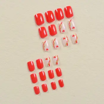 24шт Накладные ногти на День Святого Валентина с круглой головкой, френч-пресс для ногтей, водонепроницаемые искусственные ногти