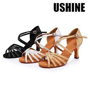 USHINE Новые женские профессиональные туфли для латиноамериканских танцев, Тканевые атласные Туфли для бальных танцев Сальсы, Свадебные туфли для танцев