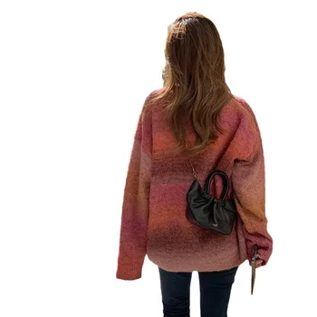 Женская одежда 2023 года, осенне-зимний новый свитер с круглым вырезом градиентного цвета, топ, свободный свитер