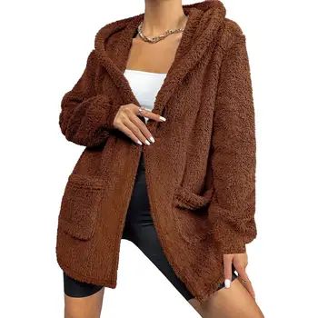 Двусторонняя бархатная куртка, Женский кардиган средней длины с капюшоном, повседневная плюшевая верхняя одежда на осень-зиму свободного кроя из шерсти ягненка