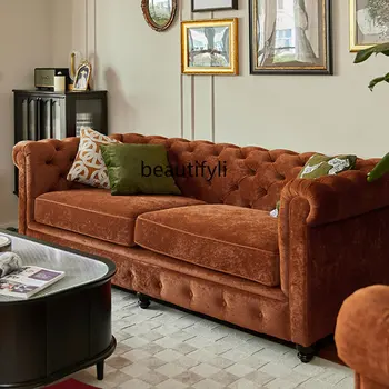 zq Винтажный бархатный диван из массива дерева в американском стиле, ленивый Французский диван для гостиной с пряжкой, Трехместный Прямой ряд