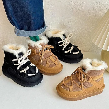 2023 Новые зимние детские кожаные ботинки, теплая плюшевая обувь для маленьких мальчиков, нескользящие модные ботинки для маленьких девочек
