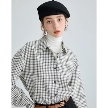 Женская одежда Рубашка Весенняя уличная одежда Черная рубашка Решетчатая Корейская мода Винтажная Женская шикарная мешковатая повседневная блузка с длинным рукавом