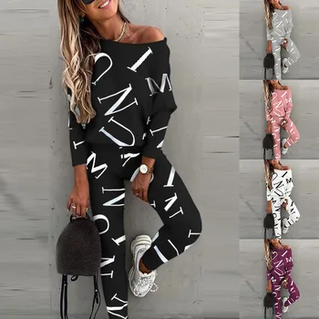 Женский модный топ с длинным рукавом и брюками с алфавитным принтом, комплект из двух предметов, костюмы, повседневные брюки, верхняя одежда