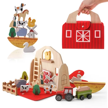 Детская игрушка Монтессори, модель фермерского дома, Фермерская Корова, Курица, Утка, Домашняя птица, Набор животных, Деревянная игра для укладки, детские Развивающие игрушки, подарки