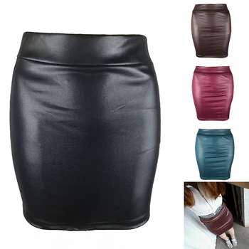 Черная юбка из искусственной кожи Для женщин, женская горячая юбка с высокой талией, влажный вид, Эластичная талия, облегающие женские тонкие юбки из искусственной кожи