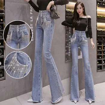 Расклешенные джинсы с высокой талией женские осенние брюки с кисточками 2022 года, облегающие стрейчевые расклешенные брюки с вышивкой, джинсы-клеши