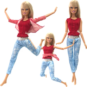 NK 1 комплект модной одежды принцессы, длинные джинсовые брюки, повседневная одежда, Красное пальто, Розовая горячая рубашка для куклы Барби, аксессуары, Подарочная игрушка