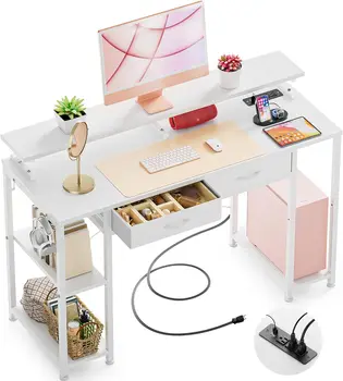 Компьютерный стол GIKPAL с Выдвижными ящиками, 47-дюймовый Домашний Офисный стол с Местом для хранения вещей и Полками, Письменный стол в спальне с Блоком питания, Белое дерево