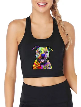 Красочная графика с изображением собаки, Сексуальный облегающий укороченный топ, Женские повседневные топы для фитнеса, модный камзол