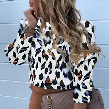 Классическая женская блузка с леопардовым принтом, блузка с длинным рукавом, женская футболка с отложным воротником, Свободные повседневные топы