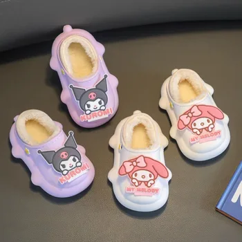 Kawaii Sanrio Аниме My Melody Kuromi Cinnamoroll Hello Kitty/ Зимние Детские Хлопчатобумажные Тапочки На мягкой подошве, Теплая Домашняя обувь
